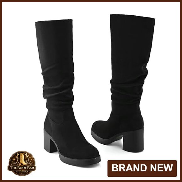 Women's Knee High Boots Chunky Heel Platform Slouchy Stretchy Suede - Picture 6 of 8